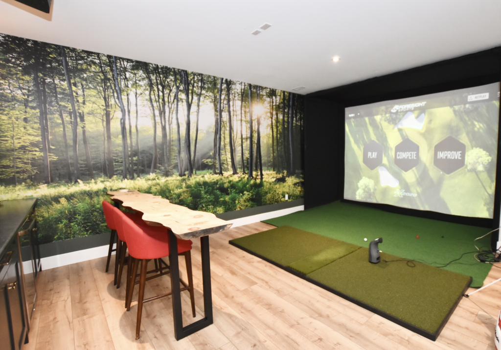 Golf Simulator in Basement with Bar